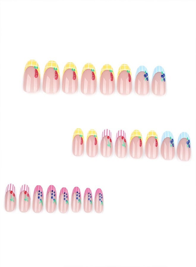 HJKDSFD Summer Press on Nails Short Almond Fake Nails Cute Cartoon Fruit Stick on Nails French Tip Glue on Nails Glossy False Nails Full Cover Acrylic Nails Press on Reusable Nails for Women Girls 24PCS - Image 4